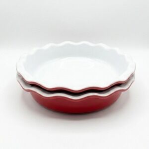Emile Henry France Red Ruffled Pie Dishes Ceramic Baking Pans Set 2 81.82 Vtg.